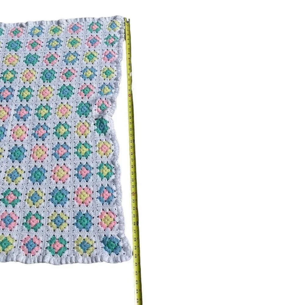 Vintage Crochet Granny Square Afghan Nursery Blanket Throw 35 x 40 Multicolor
